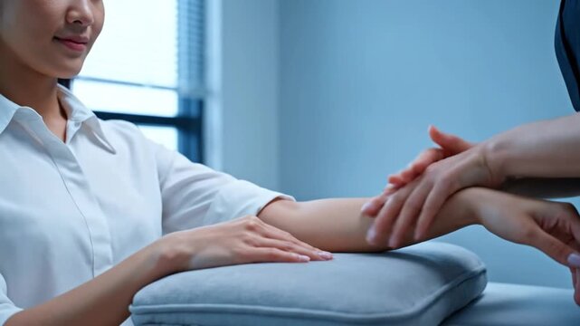 Professional Medical Examination or Physical Therapy Session Focusing on a Young Womans Arm in a Modern Clinical Environment