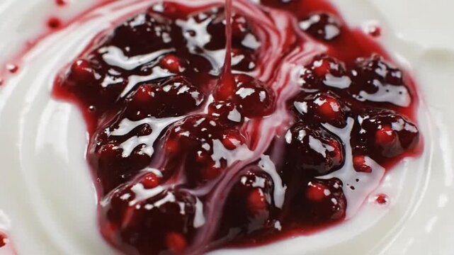 Close-up of red berry fruit compote swirling into creamy white yogurt, delicious breakfast food texture.