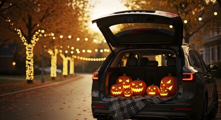 Trunk or treat halloween car decoration with glowing jackolanterns at sunset