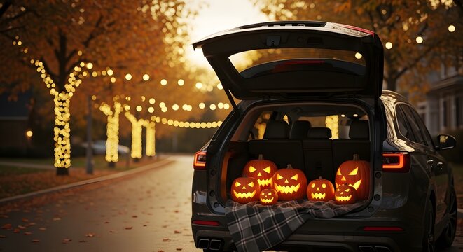 Trunk or treat halloween car decoration with glowing jackolanterns at sunset