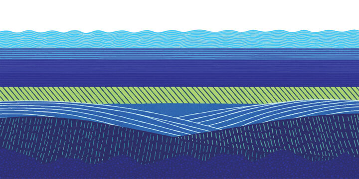 Abstract illustration of layered soil and ground strata with blue water levels and green grass texture design