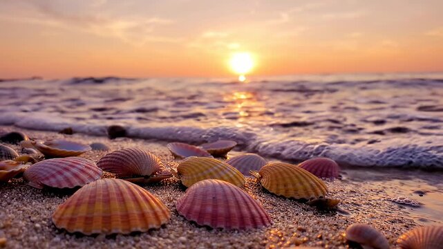 Colorful seashells scattered across wet sand. Striped shells. Pink clam Yellow scallop shells.