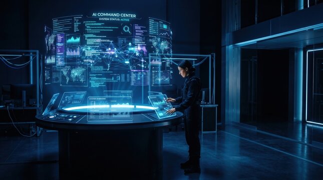 Woman in ai command center analyzing data on futuristic interface