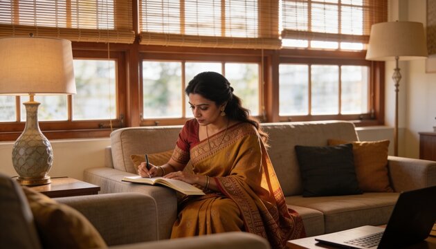 Writing woman in mustard-gold sari leaning forward, scribbling in notebook on sofa, laptop nearby