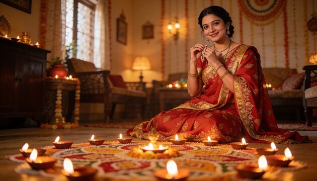 Sitting woman wearing red saree and gold jewelry placing diyas around rangoli at home, marigolds