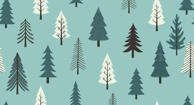 Seamless forest pattern featuring various types of stylized pine and fir trees in different shades of green and white.