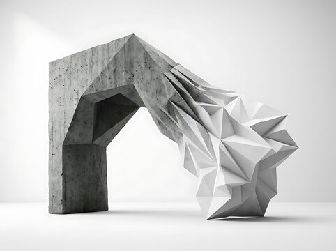 Modern Abstract Sculpture Merging Raw Concrete with White Geometric Shapes