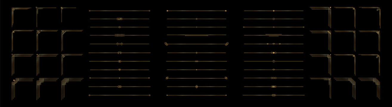 Golden thin separator, divider and corner set on black background. Elegant gold linear corner frame and borders luxury collection in art deco style. Vector illustration