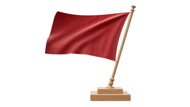 Red fabric flag on wooden pole with base