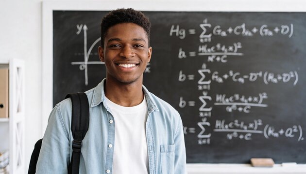 Smiling student standing in class wearing denim shirt carrying backpack with math chalkboard