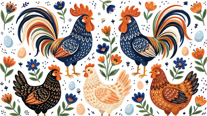 Folk Art Rooster and Hen Vector Illustration Set with Folk Style Flowers and Eggs for Country Farmhouse Decor Patterns and Easter Designs © Remi