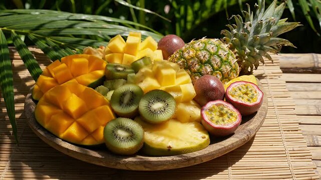 Fresh tropical fruit platter with mango slices. Pineapple chunks. Kiwi halves. Passion pieces.