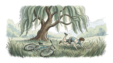 Fototapeta premium Young person wearing a helmet falls off their bicycle onto the grassy ground under a large willow tree