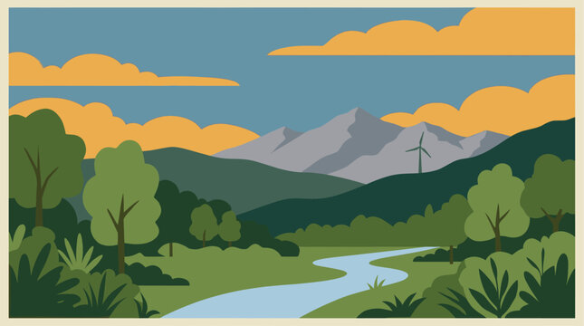 Vibrant flat illustration depicts a winding river flowing through a lush green valley with mountains and a wind turbine in the background under an orange cloudy sky