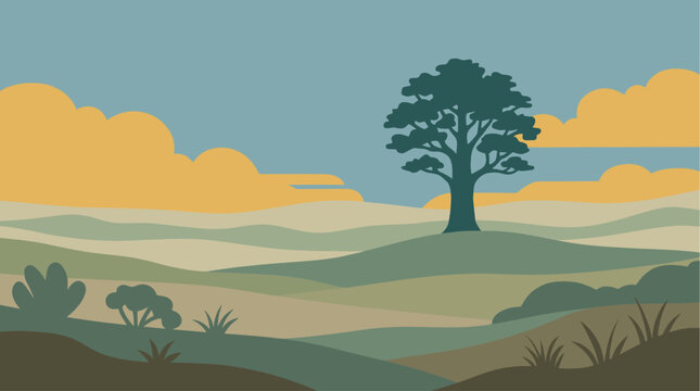 Solitary green tree stands prominently on rolling hills under a blue sky with warm orange clouds, depicted in a flat, minimalist vector style