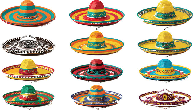 Traditional Mexican Sombrero Hat Vector Set with Colorful Fiesta Patterns and Ornaments for Cinco de Mayo Party Celebration and Cultural Designs