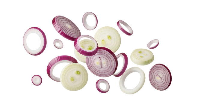 Fresh red and white onion slices floating in the air isolated on a white background, showing internal rings, and textures of, sliced vegetable pieces isolated on a transparent background