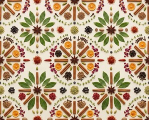 Fototapeta premium Symmetrical Mandala Pattern of Various Dried Spices Herbs and Fruits