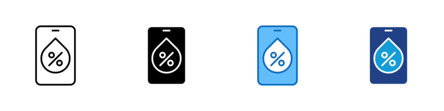 Moisture Monitoring Multiple Style Icon Design Vector - Mobile phone with water percentage representing moisture monitoring, irrigation control, and crop hydration tracking