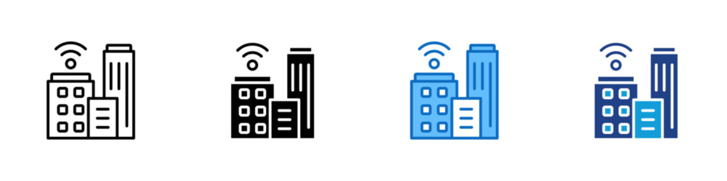 Connected City Multiple Style Icon Design Vector - City buildings with wireless signal representing smart city infrastructure, urban connectivity, and digital public services