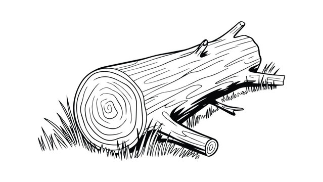 Fallen wooden log with bark texture and grass sketch for timber and forestry illustrations.