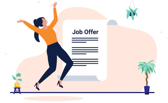 Joyful woman jumping and celebrating a new employment opportunity in front of a giant job offer letter document, flat design vector illustration of successful career recruitment
