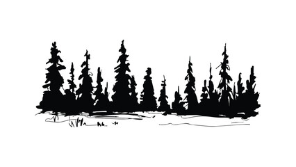 Black silhouette of pine forest isolated on transparent background for nature illustrations. © Sara Studio