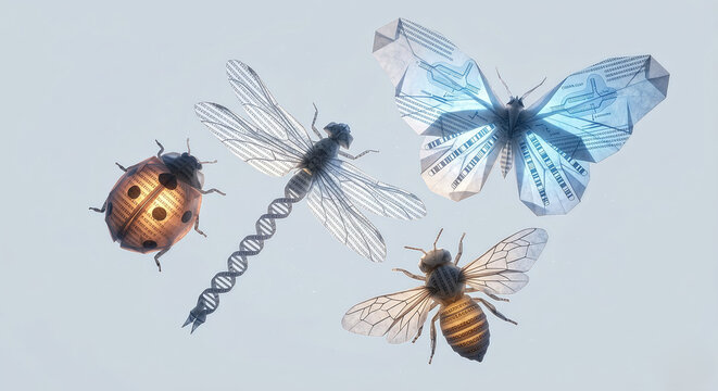 Biotechnology insects with DNA helix and genetic code