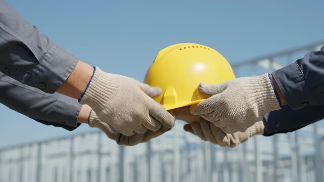 Construction Worker Handing Over Yellow Safety Hard Hat