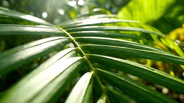 Green palm leaf veins under sunlight. Tropical plant fronds. Sharp botanical texture frond.