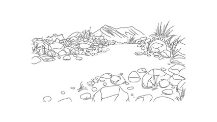 Fototapeta premium Outline sketch of mountain landscape with rocks and sparse vegetation, wilderness scenery doodle.