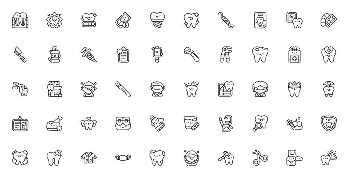 Dentist icon set. Minimal thin line dental icons pack. Vector illustration. Featuring tooth, x-ray, implant, dentist, checkup, brushing, mouthwash, extraction, bacteria, tartar, and more. Editable vec
