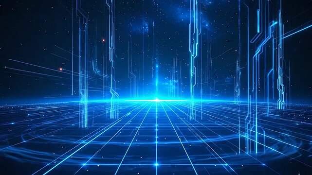 A glowing digital landscape with vertical data lines and grid