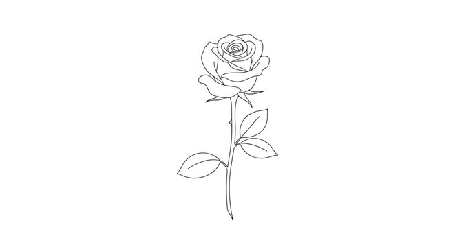 Detailed black and white line art drawing of a single blooming rose with leaves and a thorny stem on a plain white background.