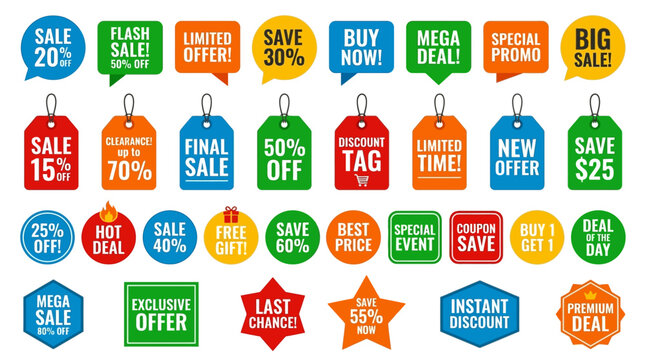 Collection of colorful sale stickers and tags.