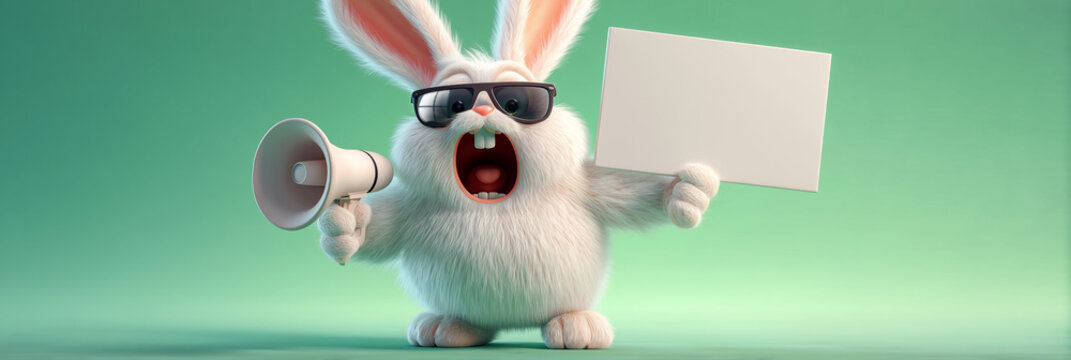 A Cool White Rabbit with Sunglasses Shouting into a Megaphone and Holding a Blank Sign. Mint Green Background with Copy Space for Promo Sales. Generative Ai.