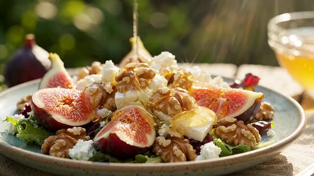 Honey pouring over fresh fig salad. Walnuts topping white cheese. Green leaves under fruit.