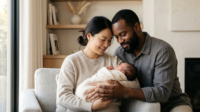 Interracial couple holding their newborn baby in modern home