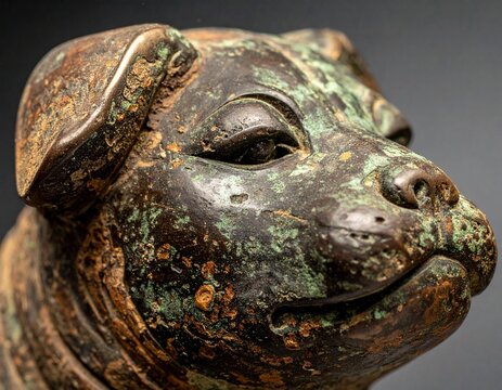 Ancient Japanese bronze dogu figurine texture with aged verdigris patina