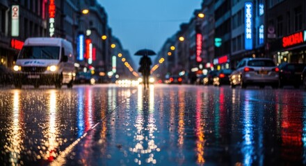 Obraz premium Rainy City Street Reflections at Dusk.