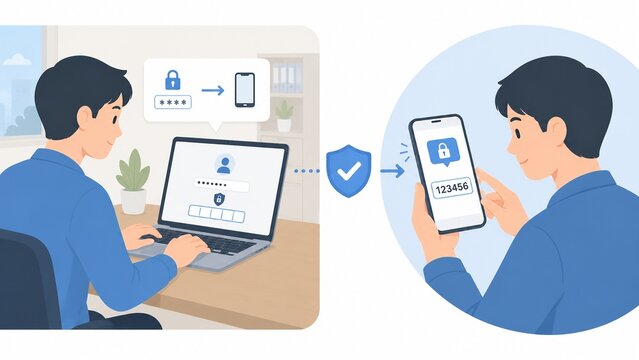 ノートパソコンとスマートフォンで二段階認証を行う男性