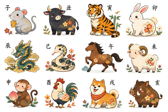 十二支の動物イラストセット 干支と東洋占いを表現した和風素材