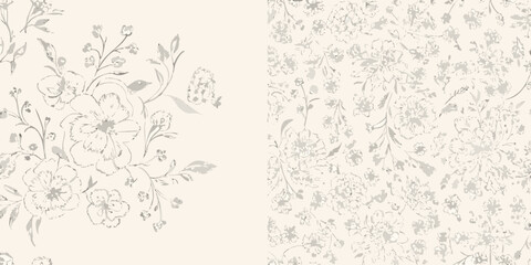 Floral ornament with sketched flowers and leaves on a cream background © Lalin