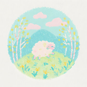 ひつじの手描きイラスト パステルカラーのかわいい絵本風アート