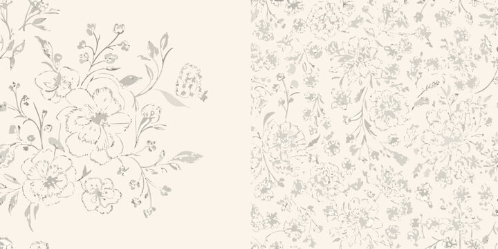 Floral ornament with sketched flowers and leaves on a cream background
