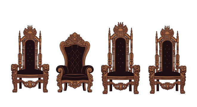 Collection of four majestic wooden thrones with ornate carvings and dark velvet upholstery for royal or fantasy concepts.