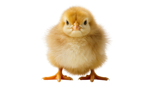 Fluffy yellow chick with orange feet facing forward