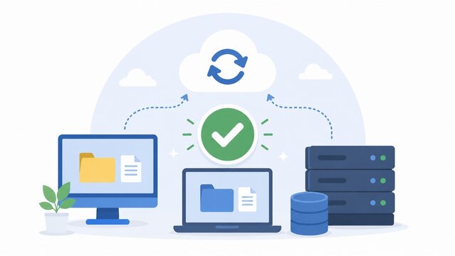クラウドストレージとPCやサーバー間でデータが安全に同期・バックアップされているITインフラの概念図