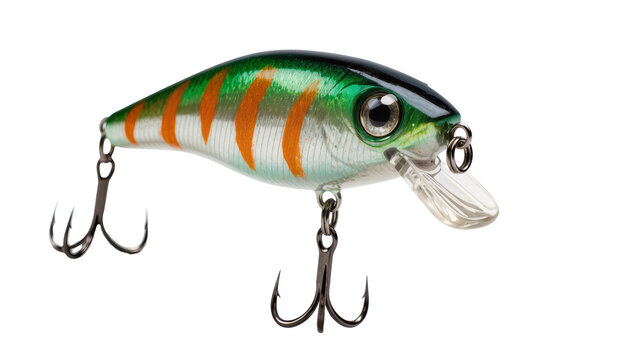 Fishing lure with orange stripes and green back, treble hooks
