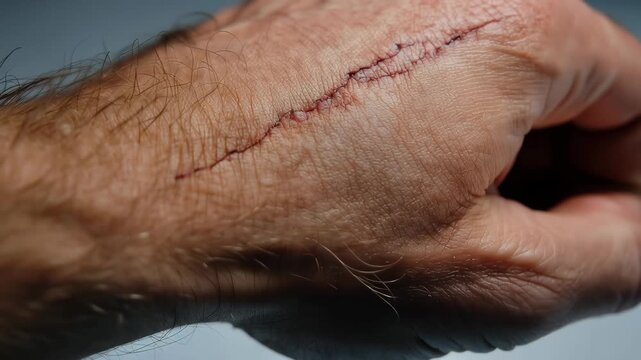 Hand with a long scar showing signs of healing from a recent surgery or injury on a grey background